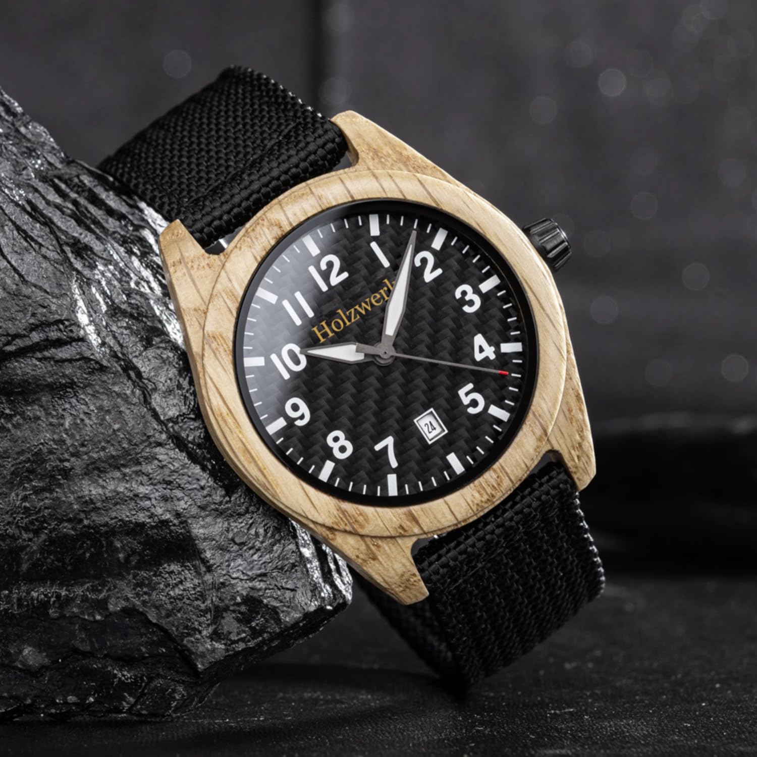 Handgefertigte Holzwerk Designer Damen Herren Uhr Öko Natur Holz Armband Analog Klassisch Quarz in Schwarz Braun Weiß Datum mit Textil Nylon Armband