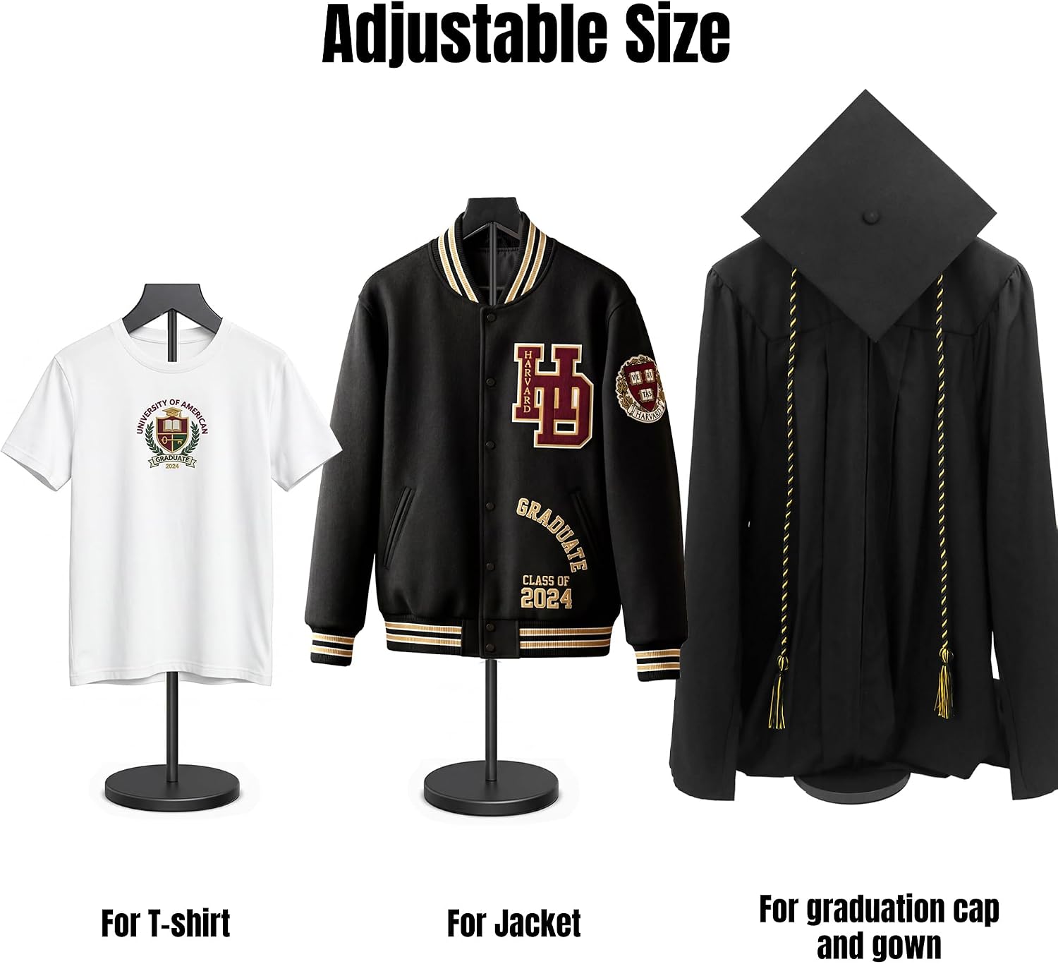 GraduatePro Graduation Cap and Gown Hanger Display Stand for Graduation Hoodie, Jacket, Gown, 18-34 Inch Height Adjustable Floor Garment Rack for Graduation Party Decoration