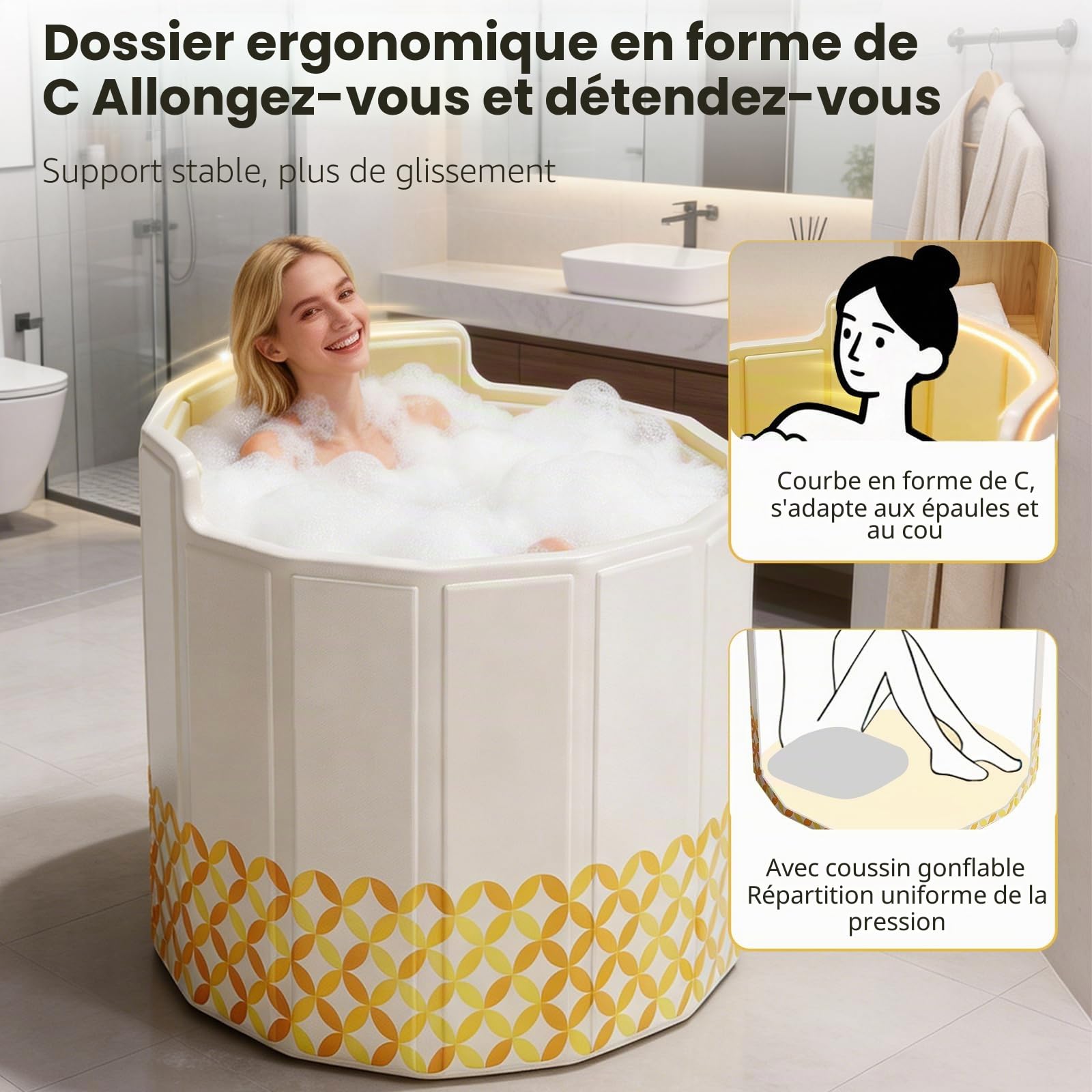 80 cm Baignoire Pliable Adulte avec Dossier, Baignoire de Douche Portable, Bain Froidet et Chaud, Aucun Assemblage Requis, pour Spa, Sauna, Inclut Coussin, Tuyau de Vidange, Set de Sacs de Bain