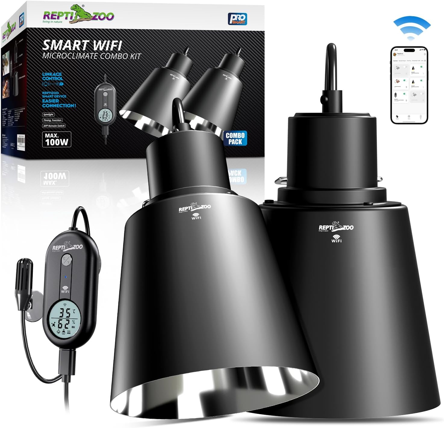 REPTI ZOO Smart WiFi Deep Dome Lamp Fixture & Thermostat Hygrostat Controller with Timing Combo, Reptile Light Fixture Reflector Cap, Day-Night Temperature & Humidity Monitor Control for Reptile Tank