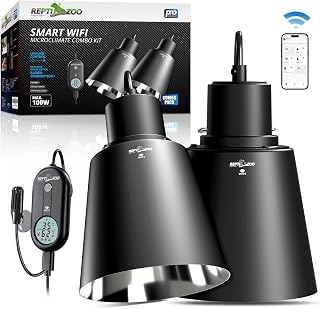 REPTI ZOO Smart WiFi Deep Dome Lamp Fixture & Thermostat Hygrostat Controller with Timing Combo, Reptile Light Fixture Reflector Cap, Day-Night Temperature & Humidity Monitor Control for Reptile Tank