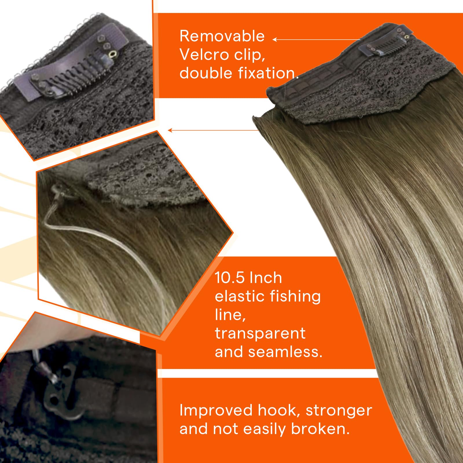 Sunny Hair Wire Hair Extensions for Women 16inch Straight Fish Line Human Hair Extensions Invisible Wire Extensions Easy to Apply Cool Brown Ombre Light Brown Balayage Blonde 85g — view 3