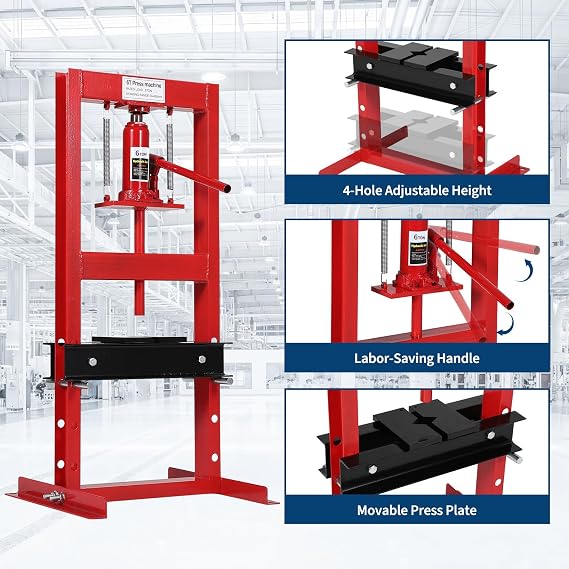 6 Ton Hydraulic Shop Press, H-Frame, 4-Hold Adjustable Height, with Movable Plates and Dust Cover, for Garage or Professional Users, Red