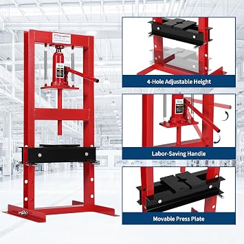 6 Ton Hydraulic Shop Press, H-Frame, 4-Hold Adjustable Height, with Movable Plates and Dust Cover, for Garage or Professional Users, Red
