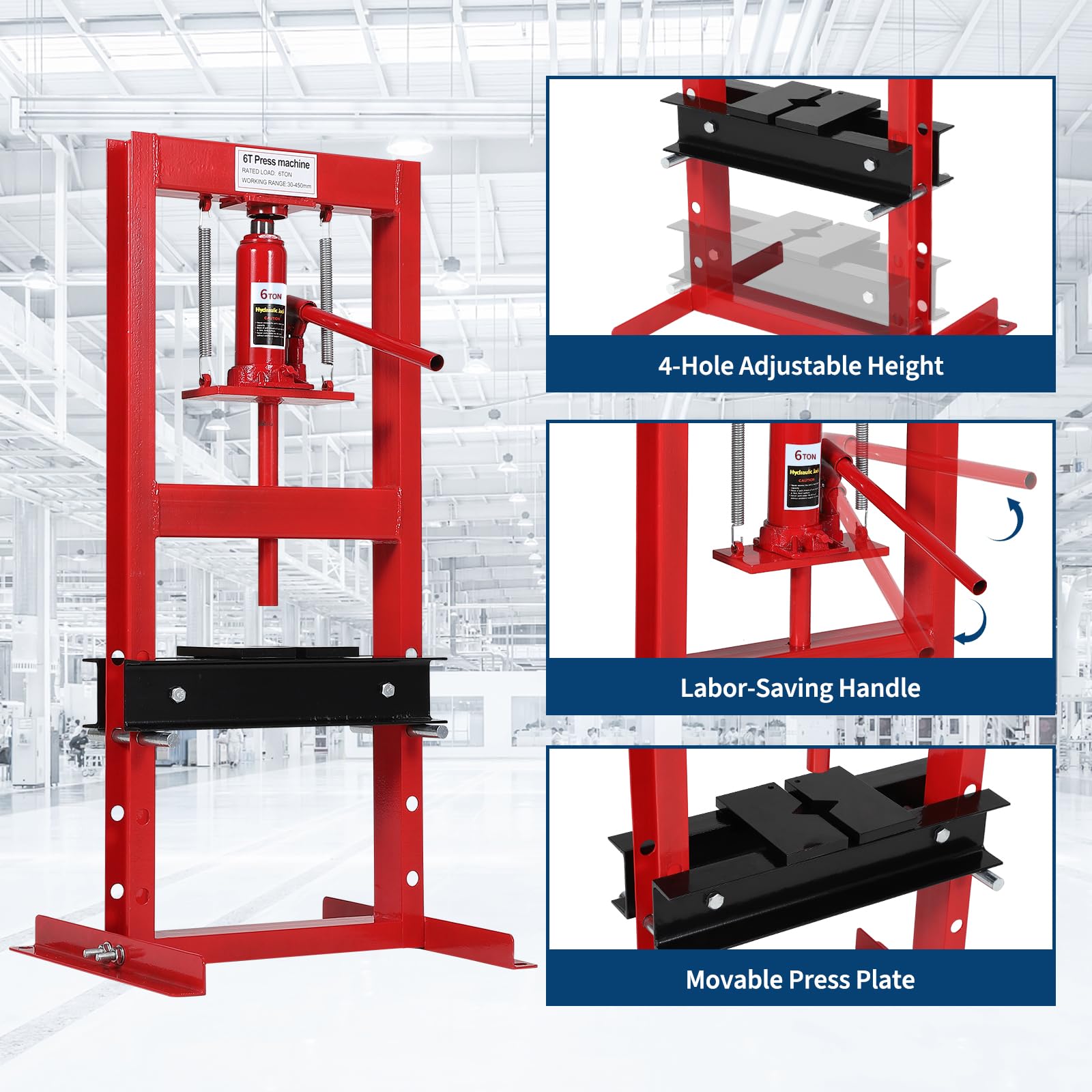 H-Frame Hydraulikpresse, 6 Tonnen, für Werkstatt und Garage, höhenverstellbar, bewegliche Platten aus hochwertigem Stahl, inkl. Staubschutzabdeckung, Rot +