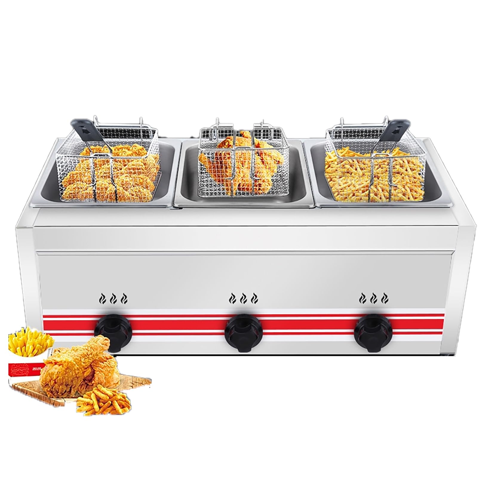 Freidora De Gas Profesional Simple/Doble Cilindro 10l/20l/30l En Acero Inoxidable Quemadores Independientes, Doble Tanque, Cestas Gemelas - Ideal Para Restaurantes, Negocios De HosteleríA Y Uso Domé