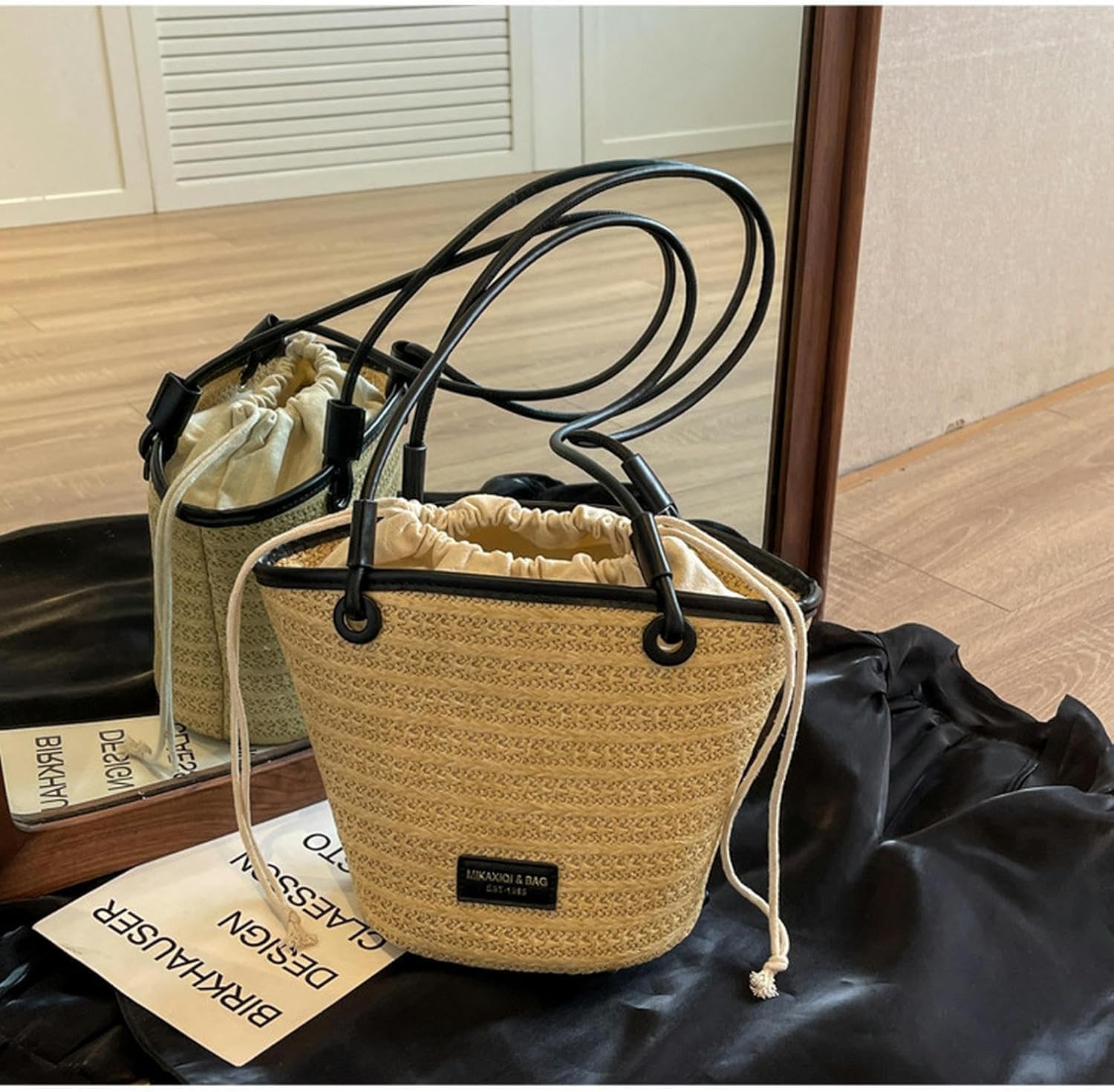 Strohtasche, große handgefertigte Stroh-Geldbörsen für Damen, Stroh-Hobo-Tasche, gewebte Umhängetasche, große Tragetaschen, Sommer-Reise-Strand-Handtasche, Schwarz, Braun, A