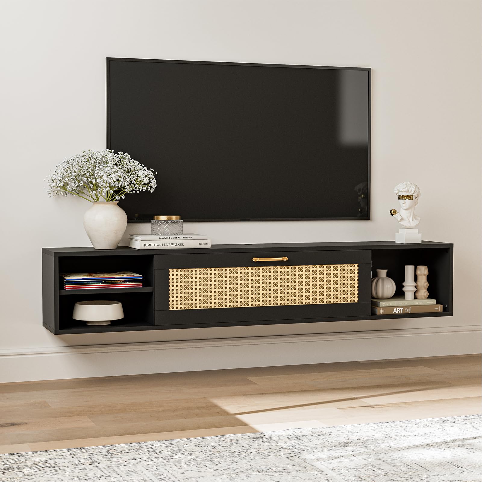 IKIFLY Floating TV Stand for 75 Inch TV, Mid Century Modern Center TV Stand w/Rattan Cabinet Door, Wall Mounted TV Cabinet, Entertainment Media Console Large Storage TV Shelfs for Living Room Black