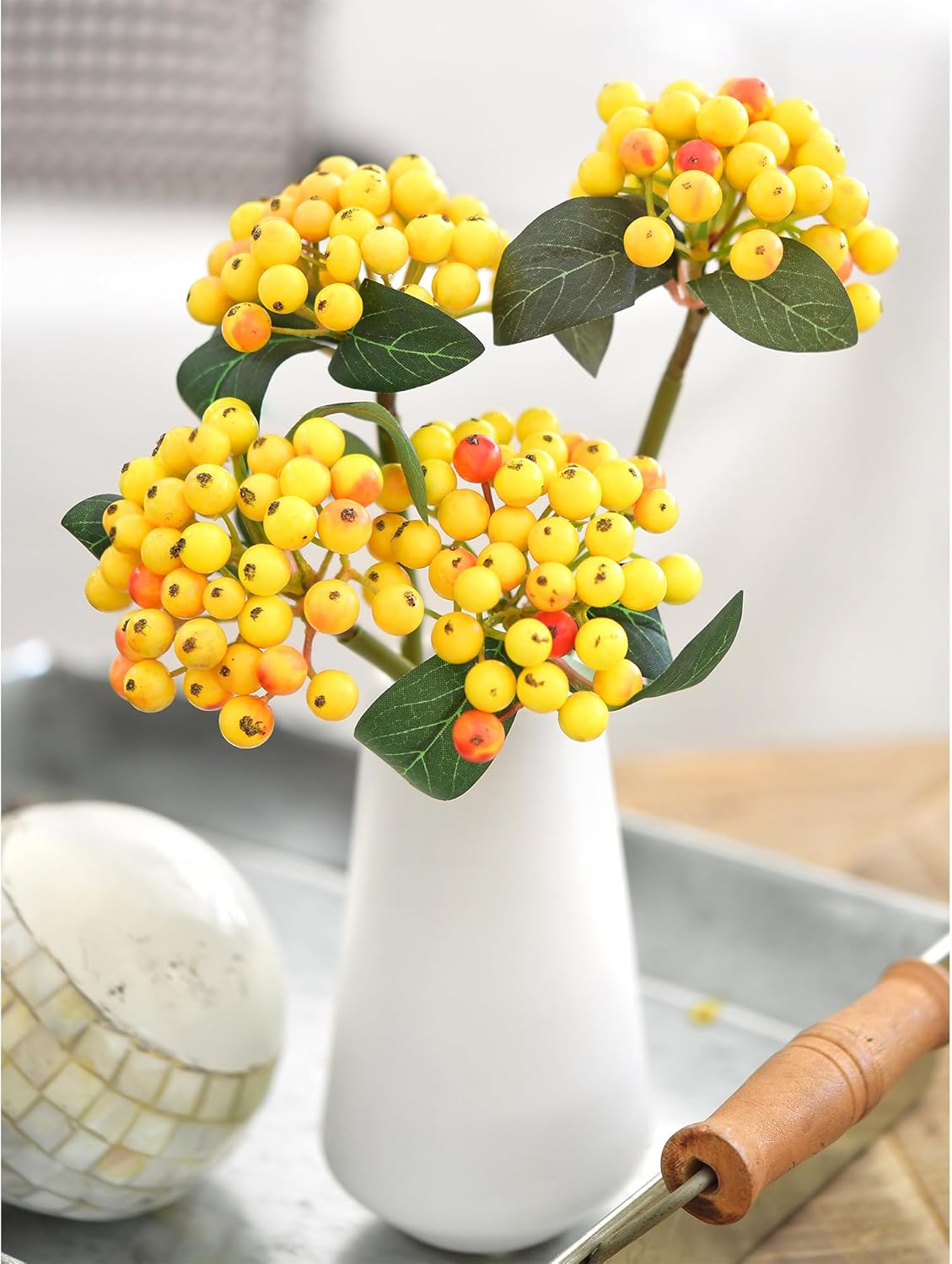 FiveSeasonStuff Artificial Holly Berries – 4 Soft Bendable Stems in Tuscan Yellow & Orange for Floral Arrangements, Vases, and Fall Decor