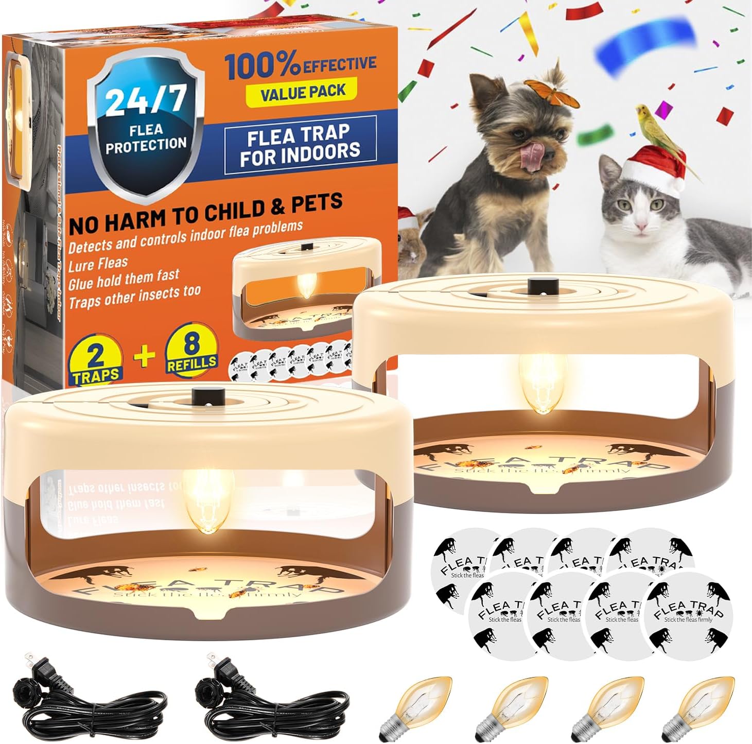 2 Pack Flea Traps for Inside Your Home, Indoor Flea Light, Bed Bug Killer with 8 Sticky Pads & 4 Light Bulb, Odorless Natural Insect Infestation Treatment Trap for Kid Pet