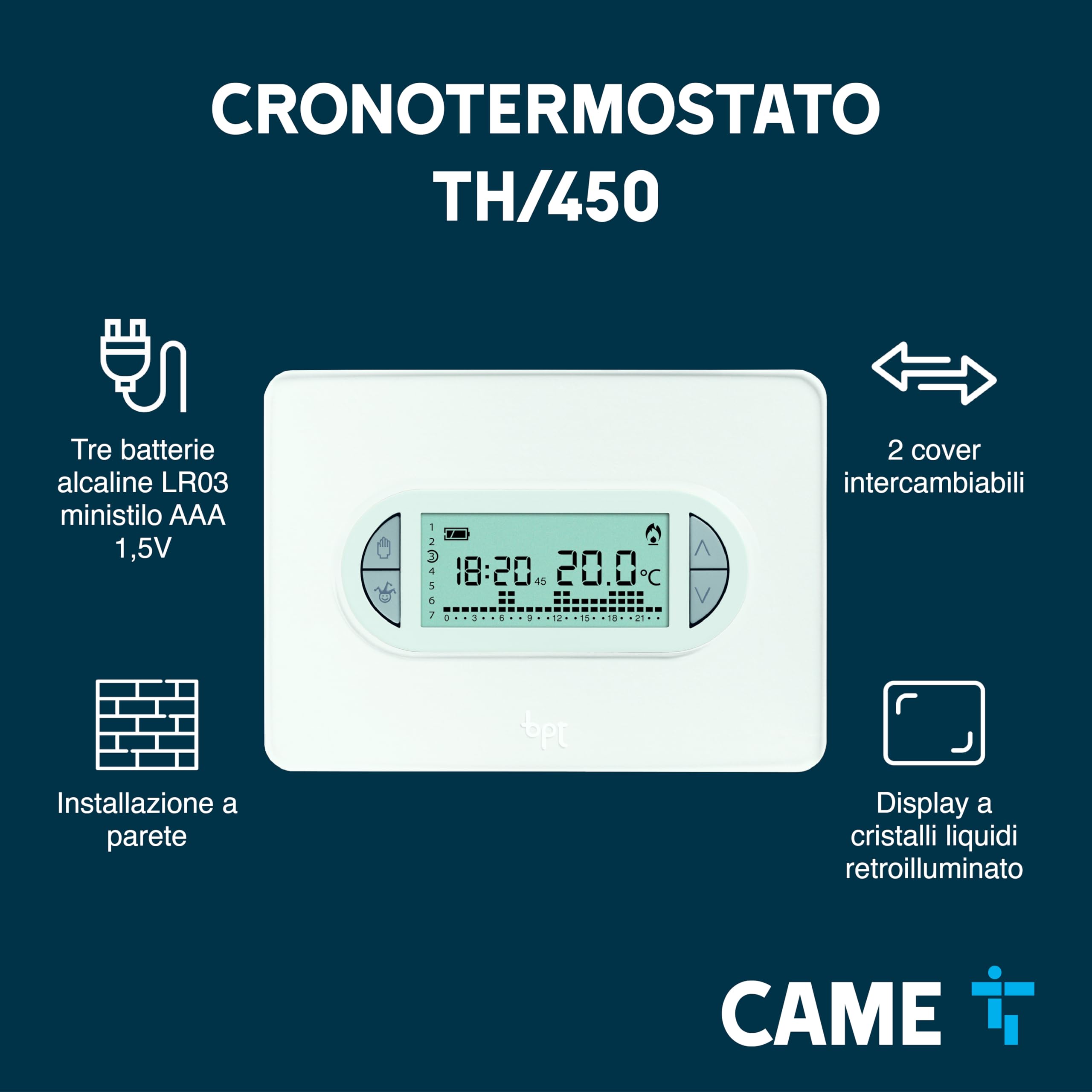 CAME Cronotermostato TH/450 digitale settimanale da parete a batterie ministilo, due cover incluse, controllo della temperatura differenziale e proporzionale integrale per l'ottimizzazione dei consumi