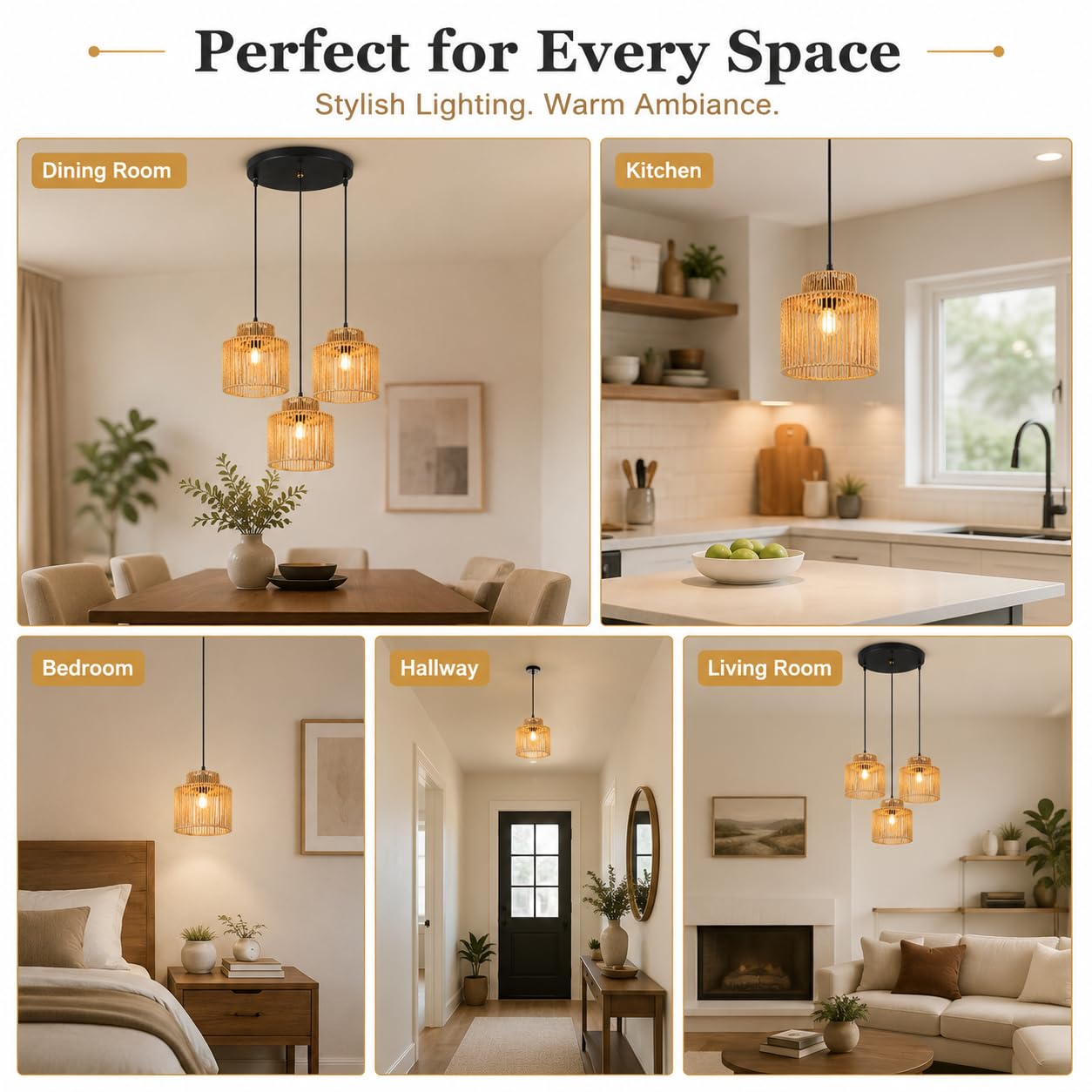 Lampada a Sospensione in Rattan Boho, Lampadario Japandi E27 con LED 15W Giallo Calda, Cavo Regolabile 120 cm, Ø20 cm, per Sala da Pranzo, Cucina e Camera da Letto,3 Light