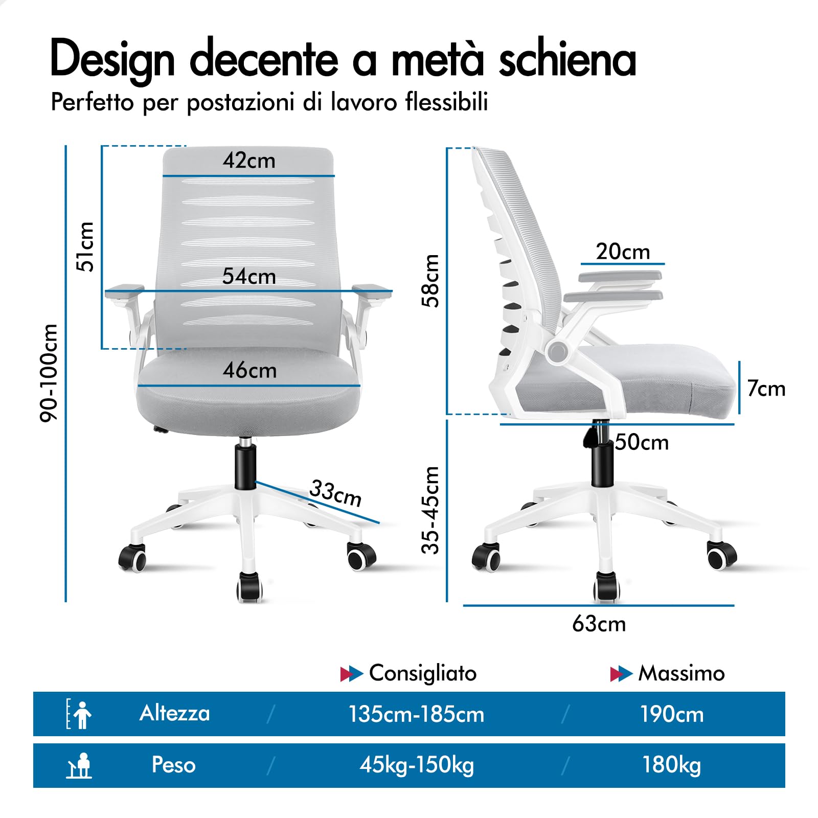 ALFORDSON Sedia Ufficio Ergonomica con Braccioli Pieghevoli Bianca e grigia | Poltrona Scrivania Girevoli in Rete Serie WALE, Funzione di Inclinazione, Portata 150 kg, Altezza regolabile