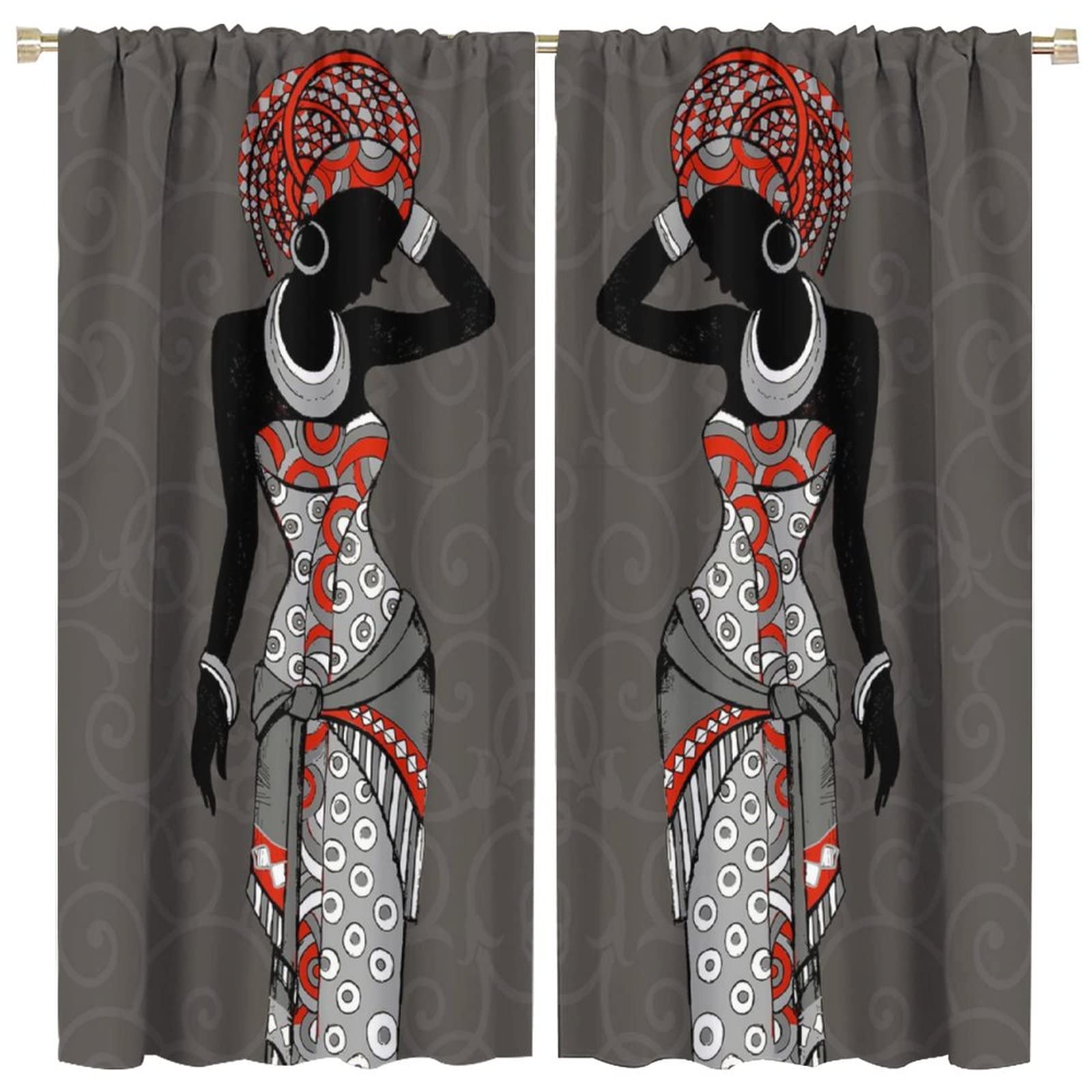 JESTRONRY Black Girl Window Curtains,African Woman Hand Drawn Tribal Ethnic Theme Room Darkening Door Window Rod Pocket Curtain for Living Room Bedroom Kitchen Bathroom Decor W63xL63in