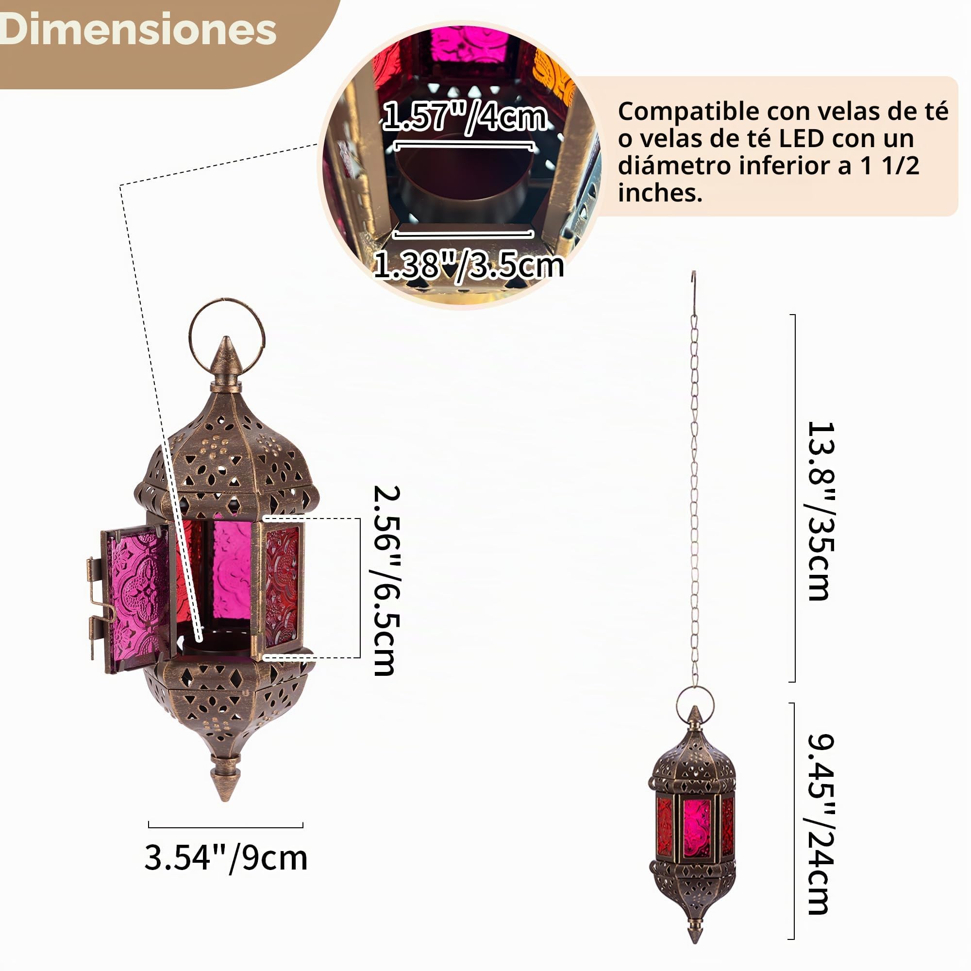 Nuptio Linterna Vela Marroquí Candelabros Colgantes para Velas Té 2 Piezas Lámpara Ramadán Metal y Vidrio, Farolillos Decorativos Marrones Velas para Sala Balcón Patio Decoraciones Navideñas