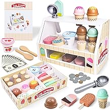 Ulikey Wooden Ice Cream Box for Children, Ice Cream Toy with Ice Stand, Menu and Pocket Money, Educational Role Play, Montessori Toy Birthday Gift for Boy Girl