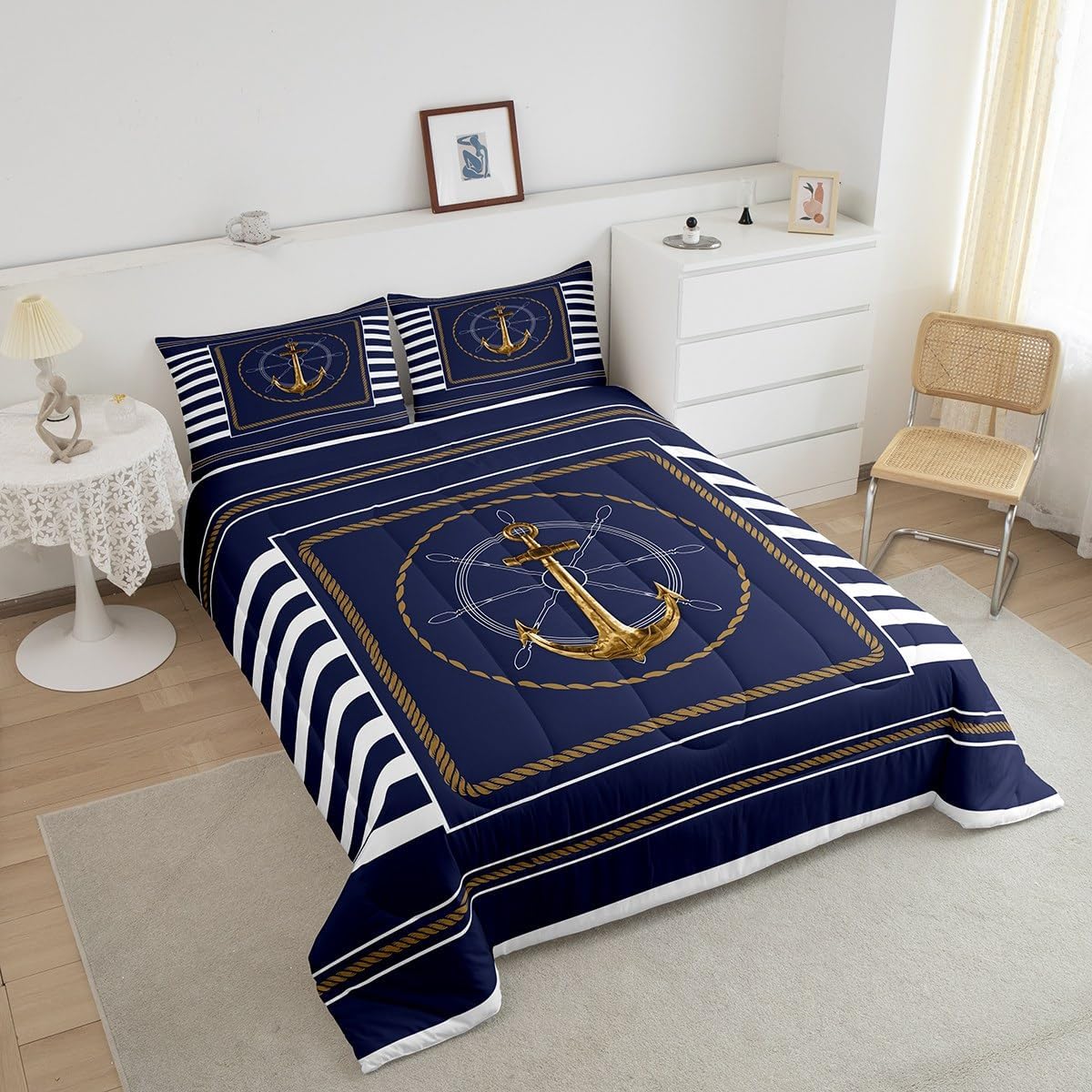 Feelyou Anchor Decor Comforter Set Queen Size Nautical Themed Bedding Set for Boys Girls Teens Ocean Comforter Sea Adventure Duvet Set Navy Blue Quilt Set