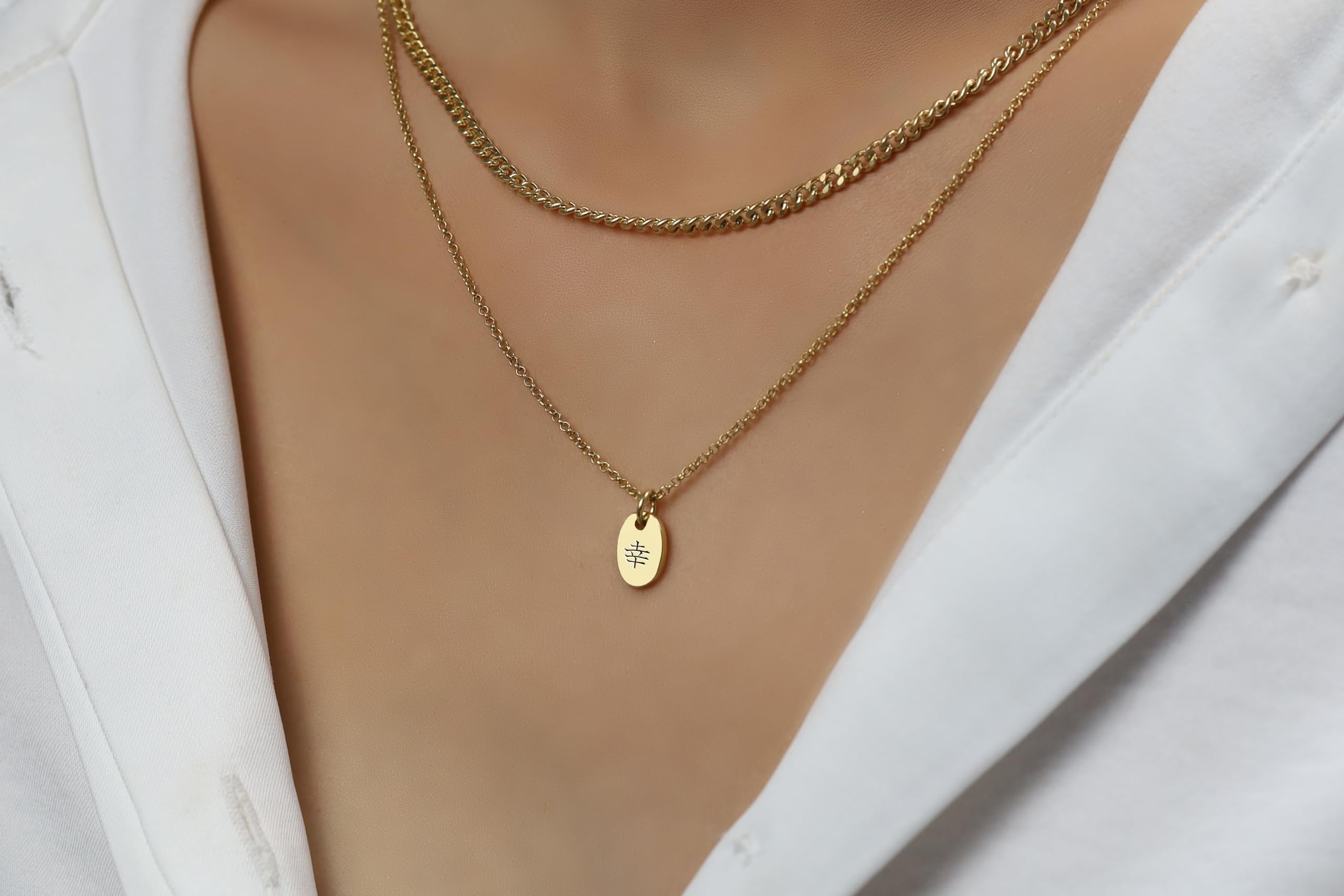 Collier Kanji Happiness en Or 14k - Collier Signet Kanji Personnalisé - Collier Pendentif Ovale - Collier Asiatique