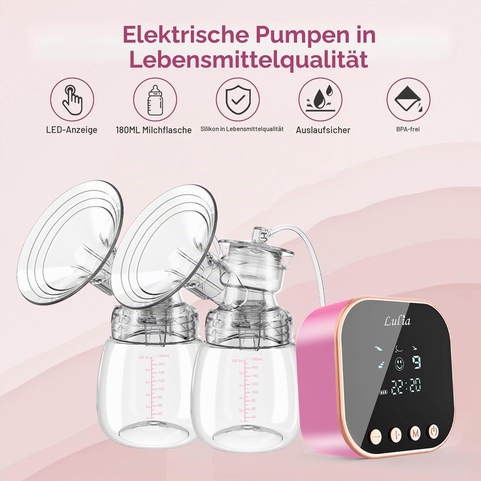 Lulia Milchpumpe Elektrisch, Elektrische Milchpumpe 4 Modi und 9 Stufen, 2500mAh Akku, Anti-Rückfluss, Ultra-leise, BPA-frei (Rosa-19/24mm Flange)