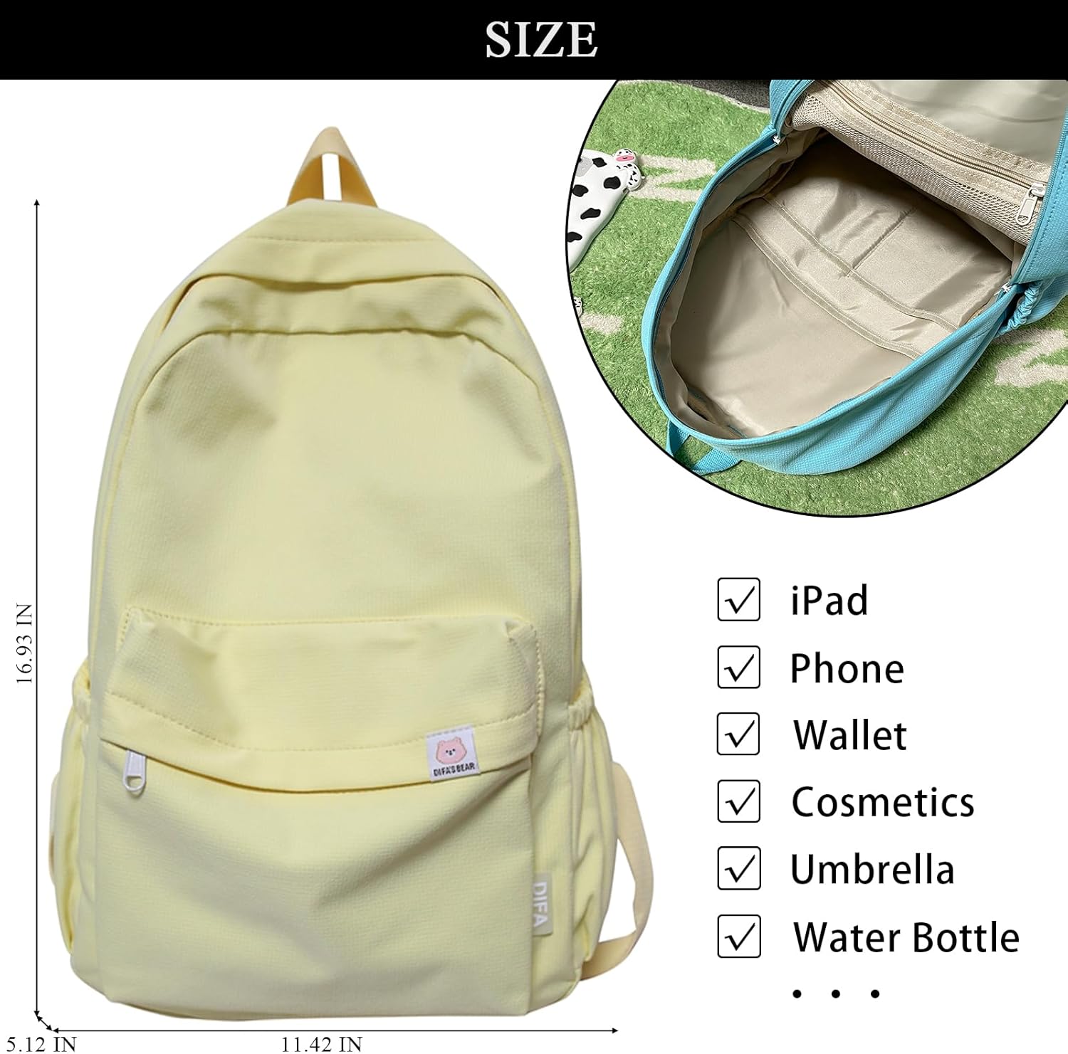 Cute Aesthetic Backpack Y2K Simple Solid Color Kawaii Backpacks Travel Laptop Backpack (Yellow) - Image 4