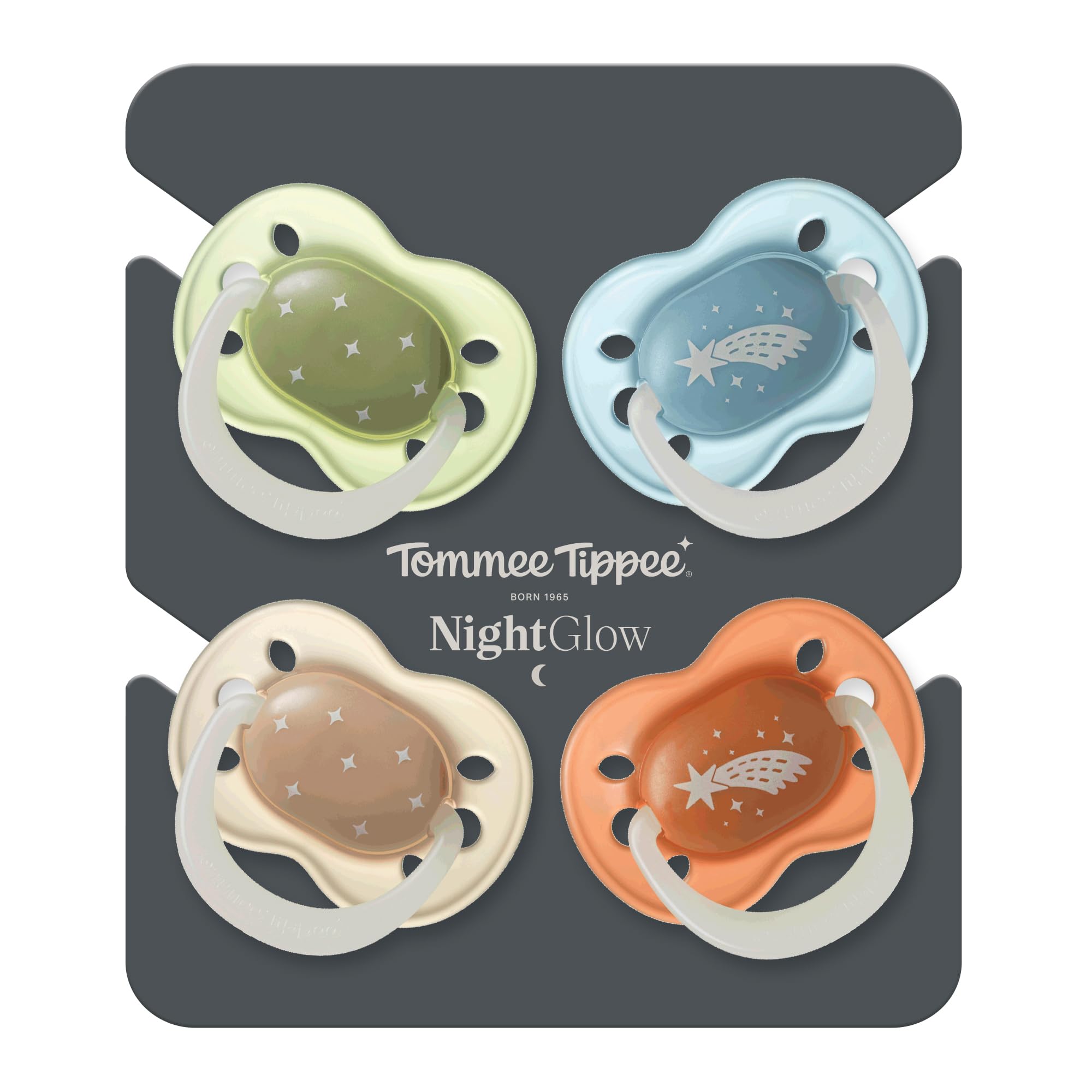Tommee Tippee chupete NightGlow, 0-6 meses, Pack de 4, Brilla en la oscuridad, Tetina ortodóntica, Orificios adicionales, Forma simétrica, Silicona 100% sin BPA, Tonos crepusculares