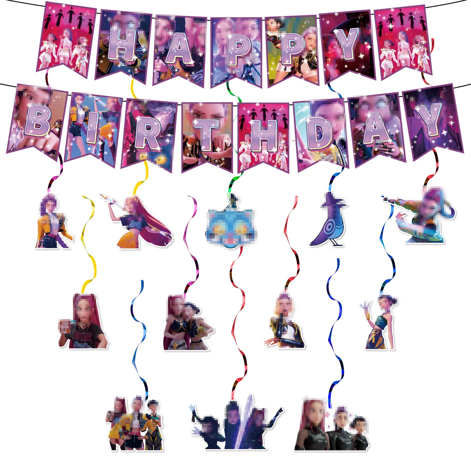 Kpop Birthday Decorations Banner for Boys Girls- 14Pcs ‌Party Decorations Hunter Birthday Banner Bunting Garland and Hanging Swirls Decorations Party Pack for K Pop Theme Party Supplies