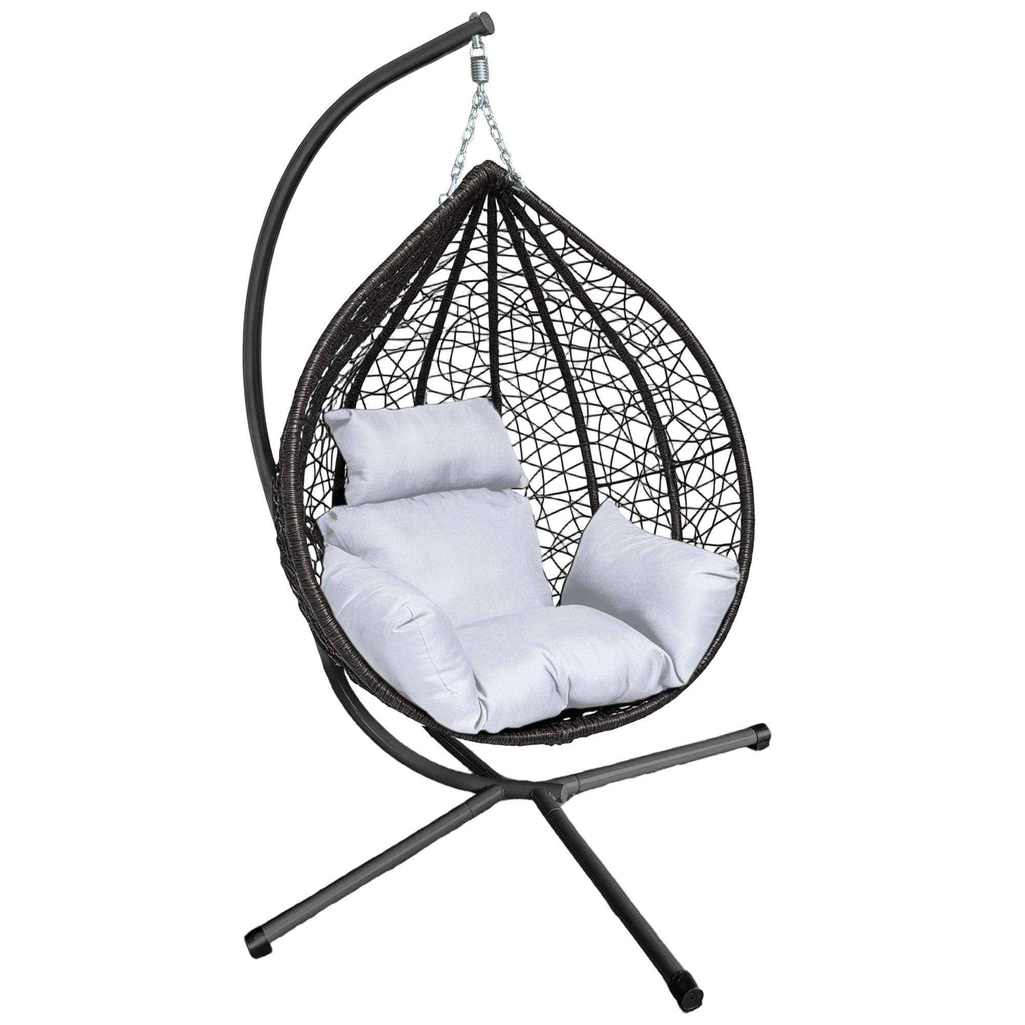 Garden Swing Egg Chair Seat Rattan Hanging Hammock with Cushions Stand Outdoor Indoor Furniture (Black Egg Chair & White Cushion-Four cornered)