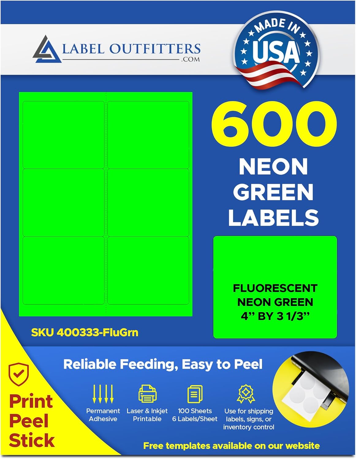 Large Rectangular 4" x 3.33" Fluorescent Neon Green Laser Printer Labels by Label Outfitters - 100 Sheets - 600 Labels