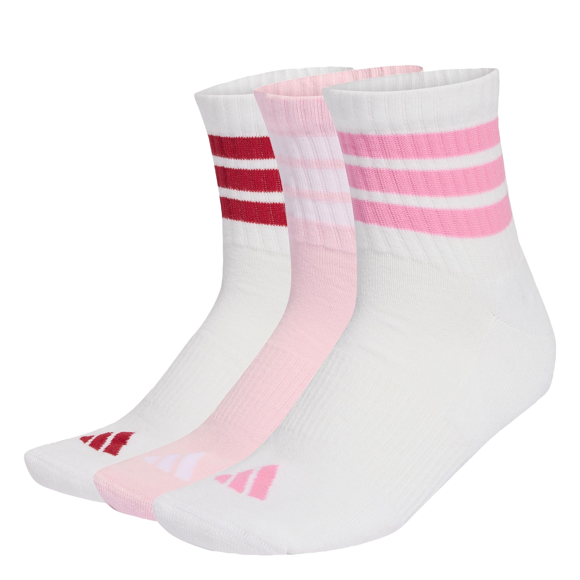 adidas Unisex 3 STRIPES CUSHIONED SPORTSWEAR MID CUT SOCKS 3 PAIR PACK, white/clear pink/active maroon, 34-36