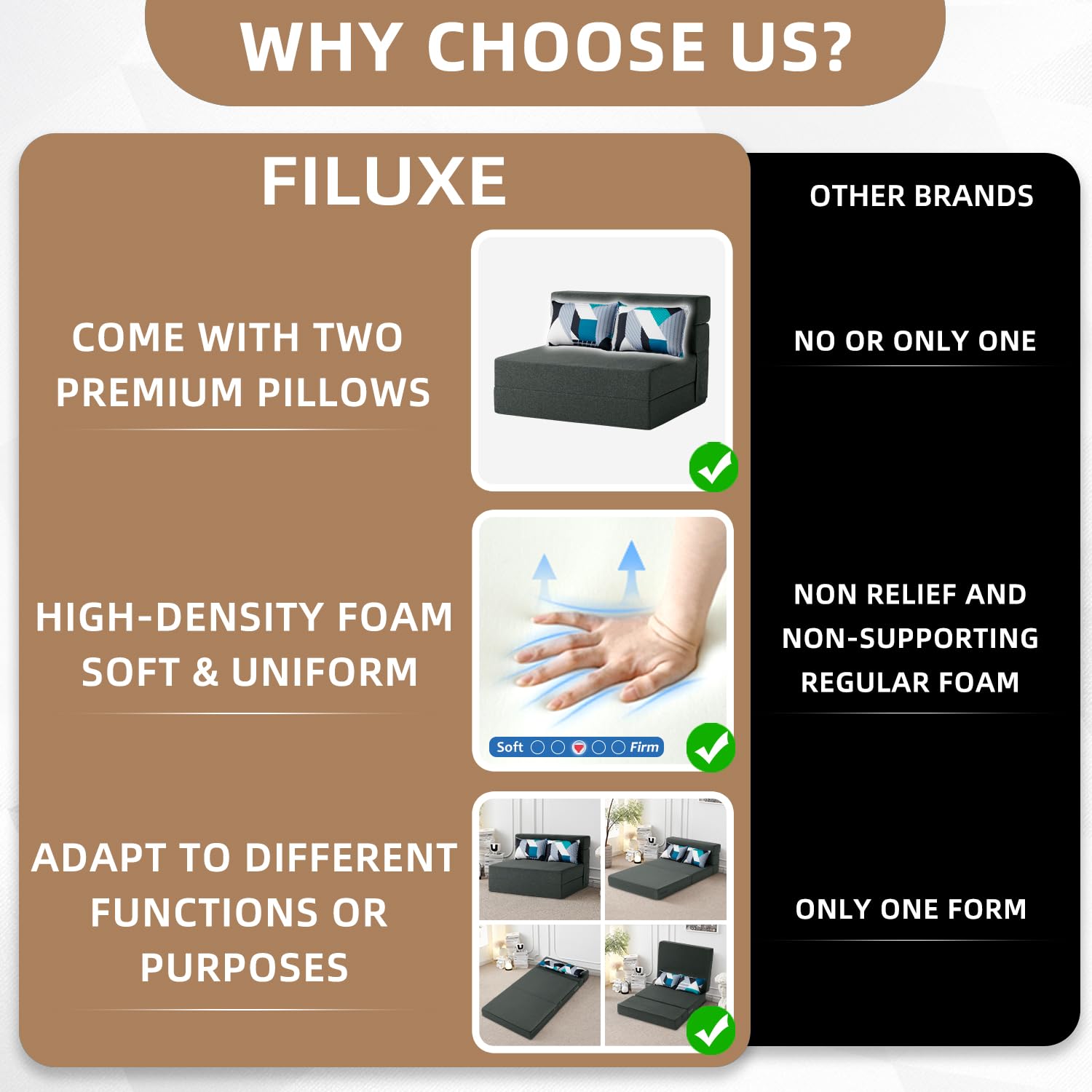 FILUXE Convertible Folding Sofa Bed - Sleeper Chair with Pillow, Modern Linen Fabric Floor & Futon Couch, Foldable Mattress for Living Room/Dorm/Guest Use/Home Office/Apartment, Queen Size, Dark Gray: FILUXE Convertible Folding Sofa Bed-Sleeper Chair with Color Pillow, Modern Linen Fabric Floor Futon Couch, Foldable Mattress for Living Room/Dorm/Guest Use/Home Office/Apartment, Standard