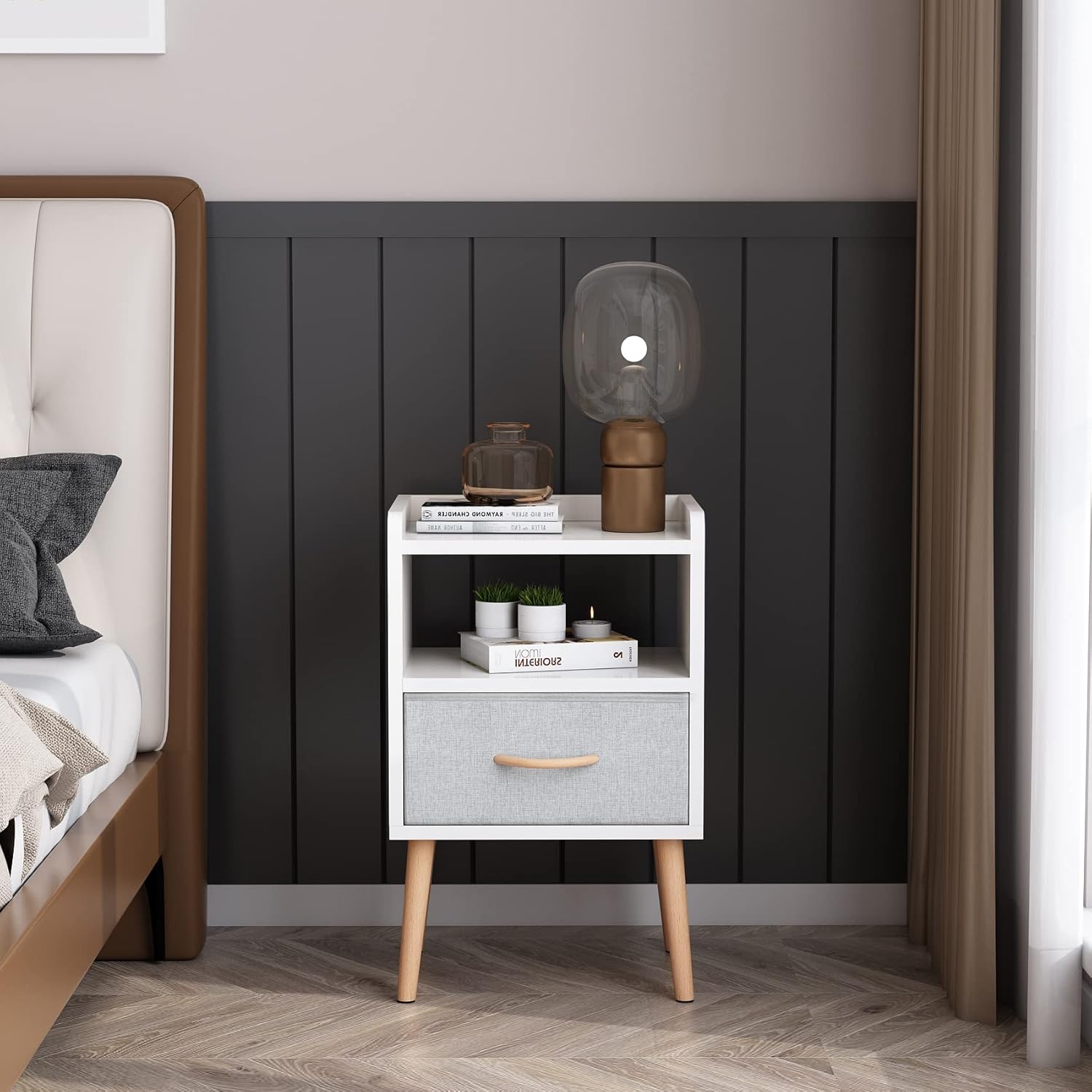 LUCKNOCK NightStand with Fabric Drawer, Bedside Table with Solid Wood Legs, Minimalist and Practical End Side Table with Open Storage Shelf for Bedroom. : Home & Kitchen