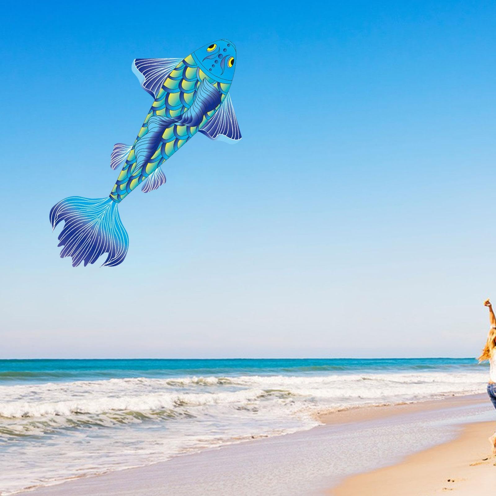 TISHITA Koi Drachen Beeindruckender Fischdrachen Kreativer Karpfen Outdoor Flugdrachen Spielzeug Aus Polyester für Geschenk Strandausflug Und Kinderfreizeit, Blau