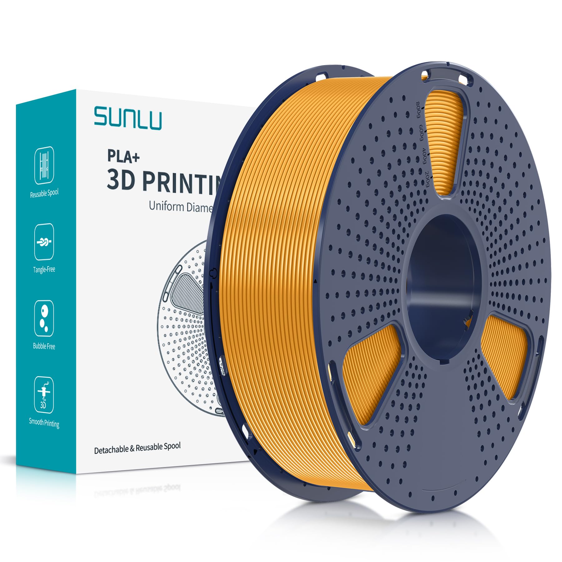 SUNLU PLA Plus filamento per stampante 3D, Filamento PLA+ 1.75mm, Filamento ad alta resistenza compatibile con stampanti 3D FDM, Precisione dimensionale +/- 0.02 mm, Bobina da 1kg (2.2LBS), Oro