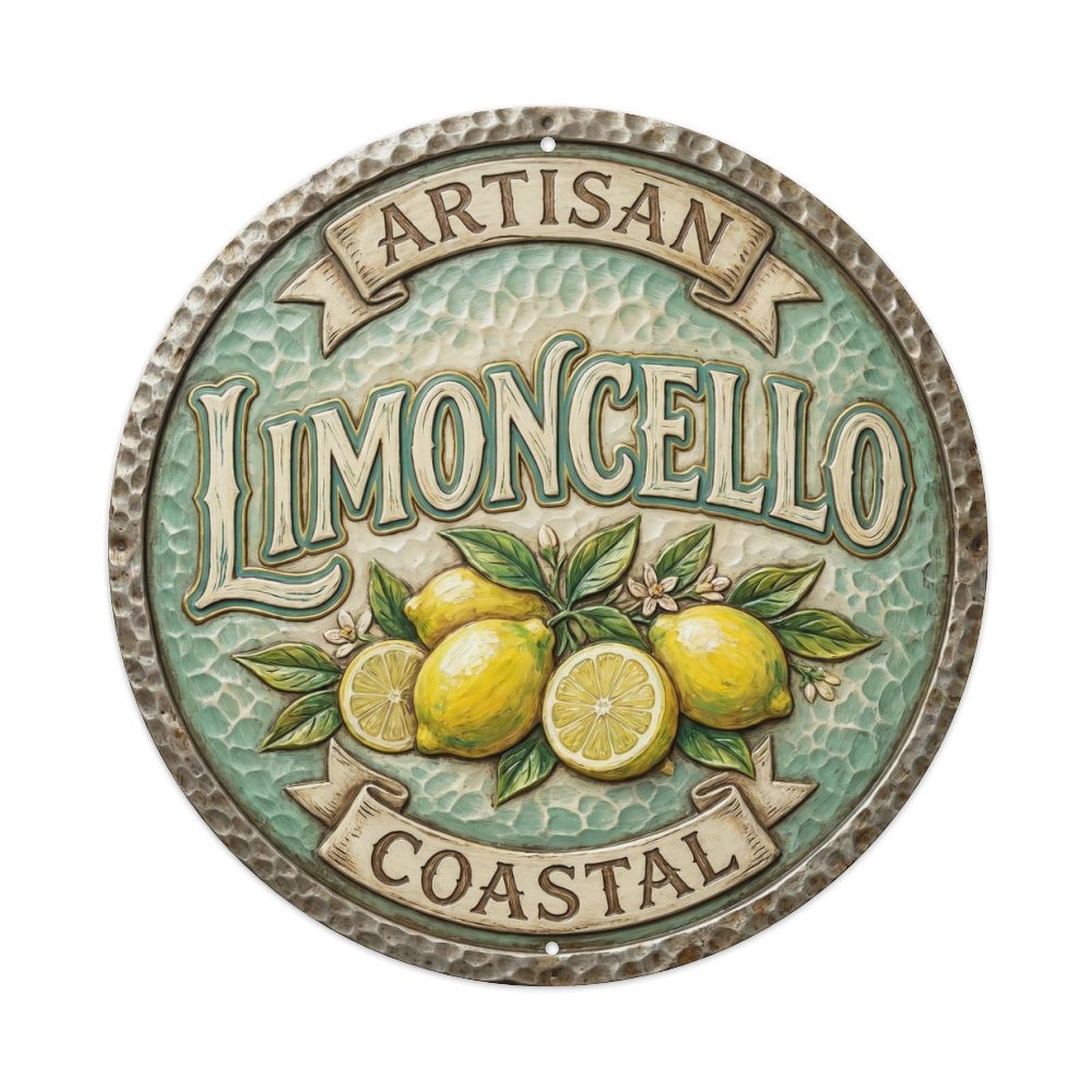 Artisan Coastal Limoncello Emblem Metal Tin Sign Plaque Wall Decor for Cafe, Club, Garden Round Metal Poster 8x8Inch