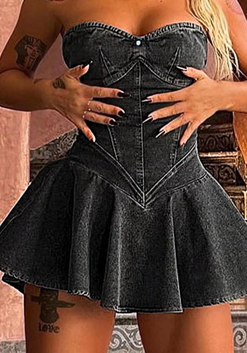 DINGANG Womens Y2K Strapless Denim Mini Dress Off Shoulder Corset Tube Pleated Ruffle Party Jean Dresses - Image 3