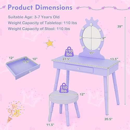 Miniatura 16 de Costzon Juego de tocador para niños, mesa de maquillaje de princesa de madera con taburete acolchado, cajón grande, patas de madera maciza y espejo