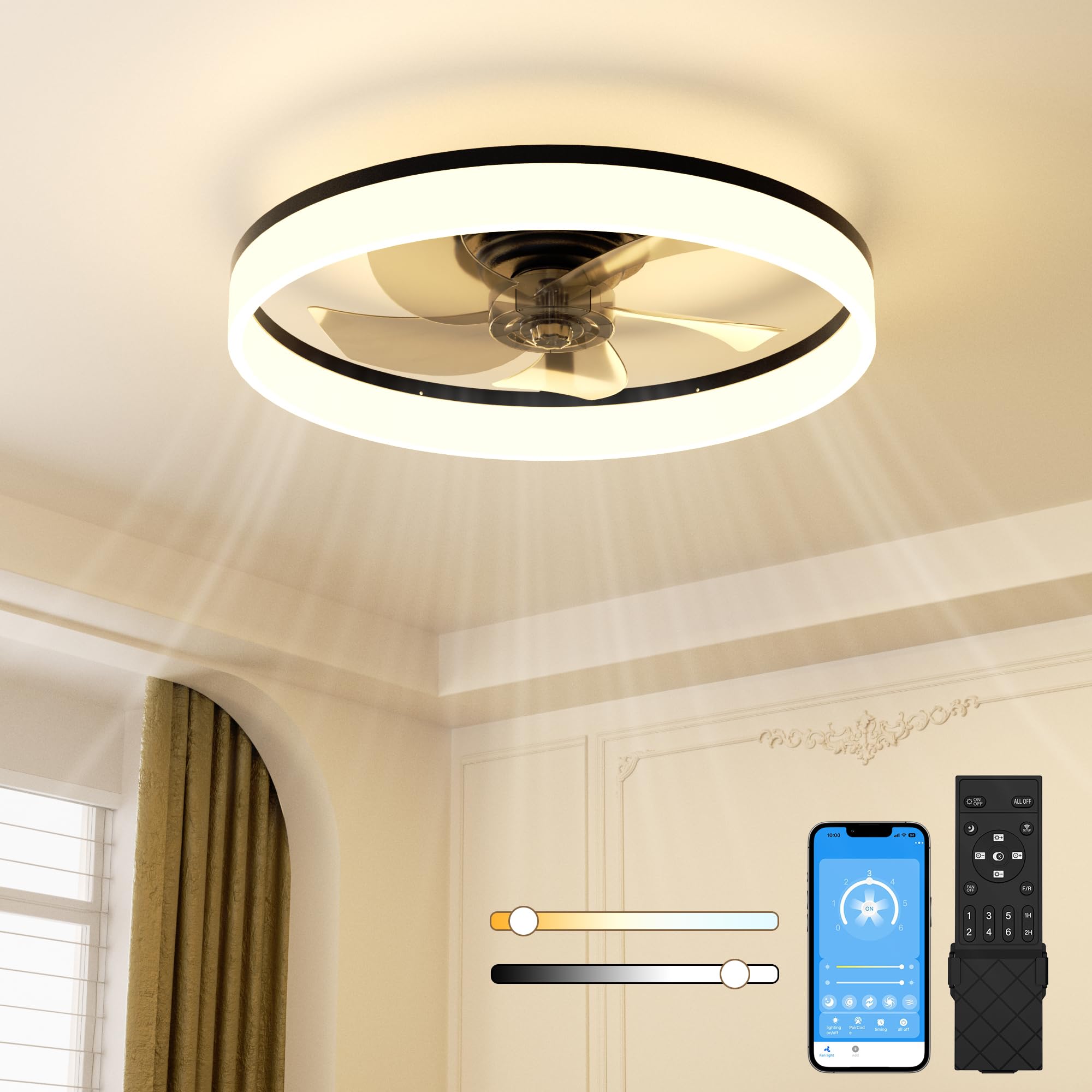 NIORSUN 60CM LED Ceiling Fan with Lights and Remote, Dimmable Low Profile Ceiling Fans, Flush Mount Ceiling Fan, Stepless Color Temperature Change and 6 SpeedsοΌBlackοΌ