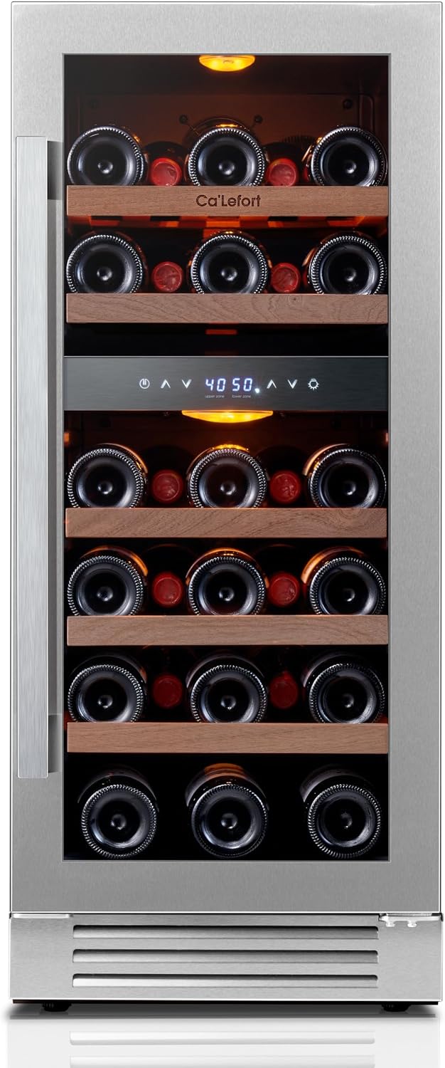 Ca’Lefort 15 Inch Wine Fridge, 28 Bottle Wine Cooler Refrigerator, 40-65°F Wine Refrigerator Glass Door, 3 LED Dual Zone Wine Fridge, Built-in or Freestanding Fridge for Home/Bar/Kitchen (3.0 cu.ft)