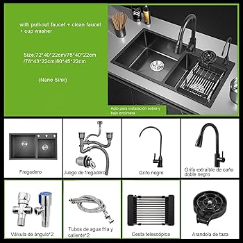 Kitchen Sink, Black Nano Double Sink 3-Hole Bar Sink with