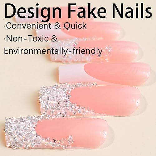 Miniatura 3 de TUZADNW - Uñas postizas cuadradas largas a presión, diseño de diamantes de imitación, uñas acrílicas de punta francesa con purpurina rosa, cobertura