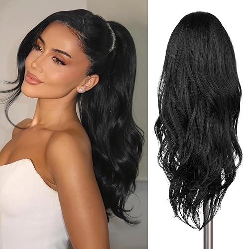 WIGER Drawstring Ponytail 26 Inch Black Wavy Ponytail Extension 2-in-1