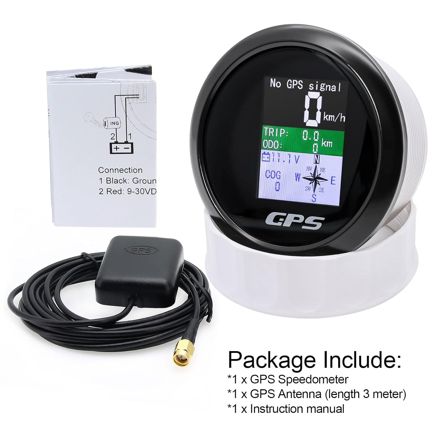 Image showing the MAIMEIMI GPS Speedometer, GPS antenna with cable, and a small instruction manual, indicating the package contents.