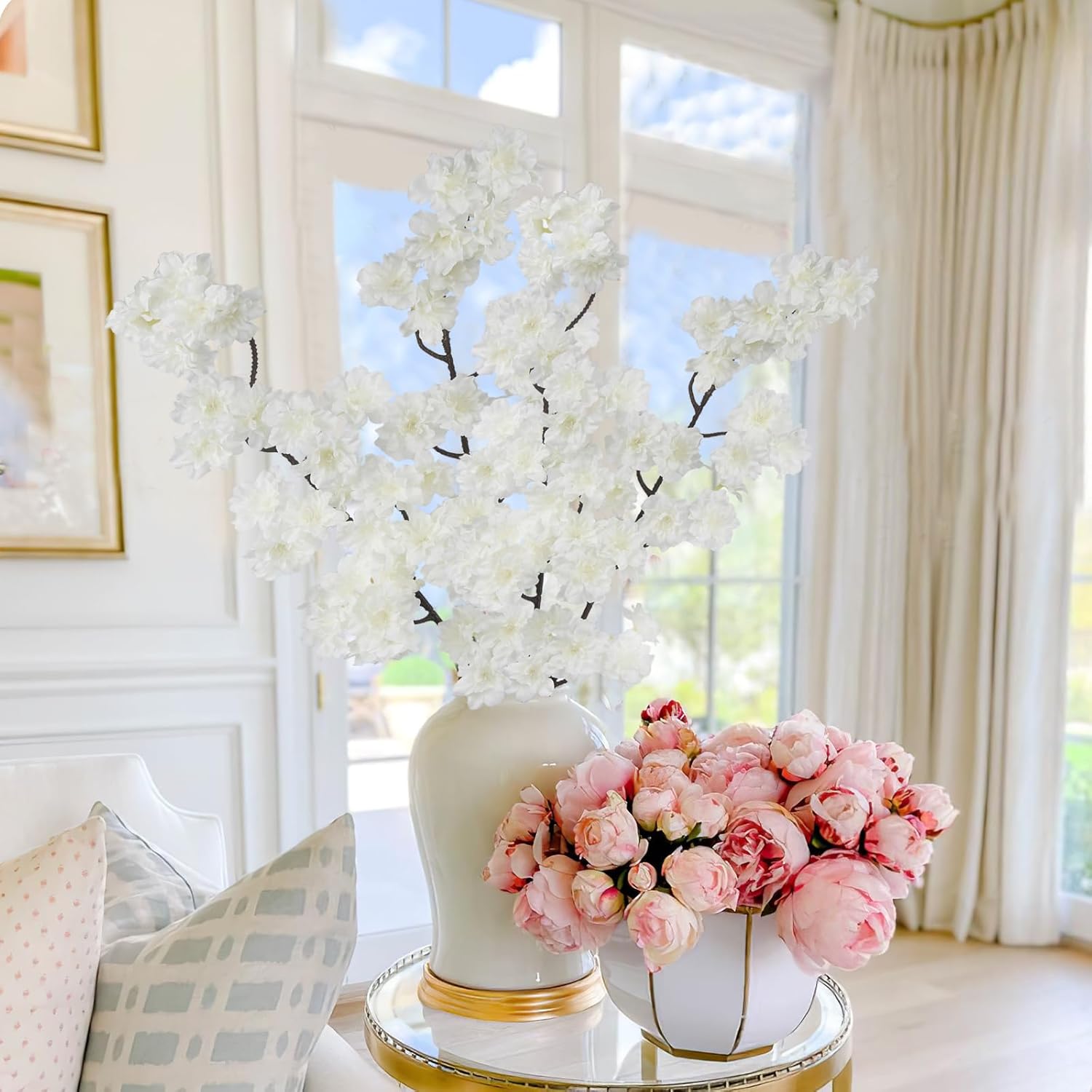 2 Pcs Artificial Cherry Blossom Flowers Branches 41" Faux Cherry Blossom Long Stem White Silk Cherry Blossom Tree Tall Fake Flower Arrangement for Home Wedding Centerpieces Spring Indoor Decor - Image 3