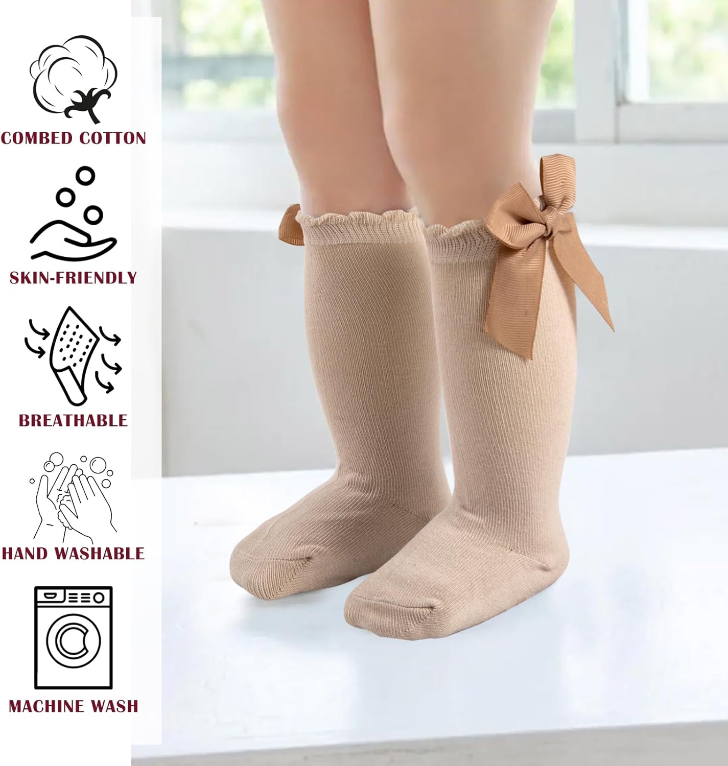 Baby Knee High Socks Girls Newborn Infants Toddlers Cotton Bow Ruffle Long Socks Non Slip Stockings Dress Socks - Image 2