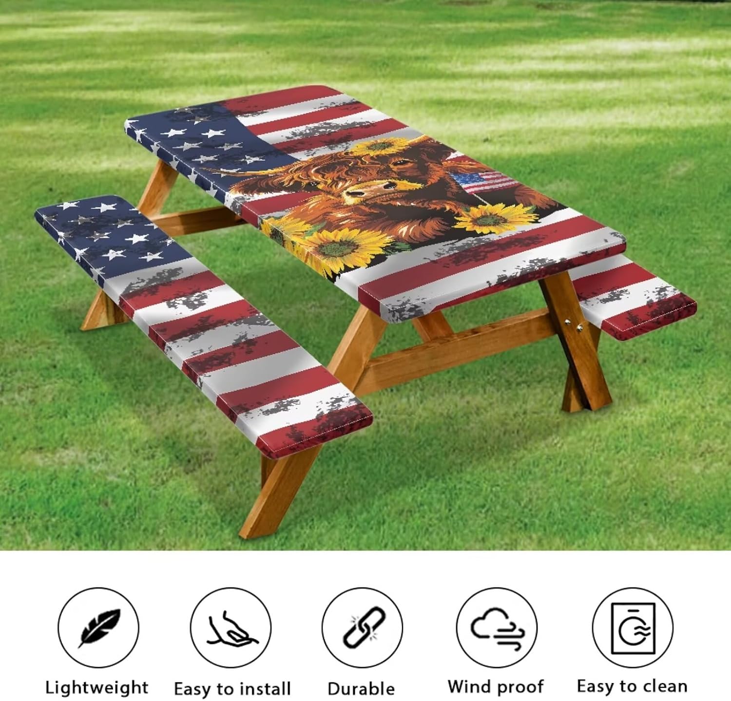 American Flag Picnic Table Cloth Camping Tablecloth for Picnic Table for 4Th of July Patriotic Cover Waterproof Windproof Camping RV Gear Must Have 72x30 Inches 3 Pcs Set, USA Highland Cow