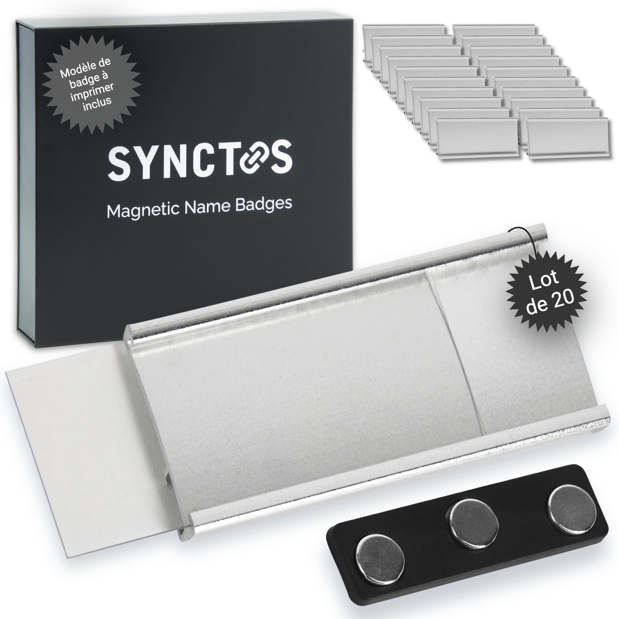 Badges nominatifs magnétiques (Lot de 20) – 3 aimants puissants N40 – Porte-badge aimanté en aluminium – Idéal pour foires et conférences – Modèle de badge personnalisable imprimable – 72x31mm