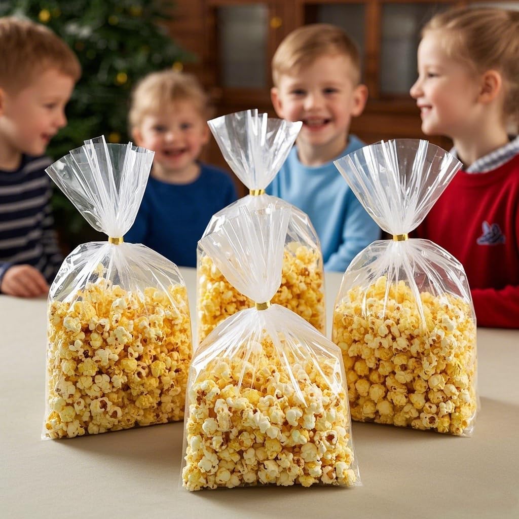 Soelomu 100 Pcs Flat Bottom Gusset Treat Bags, 10x14x3.3 Inch Clear Cellophane Gift Bags with Twist Ties Goodie Bags for Easter Party Favor Cookie, Popcorn, Gift