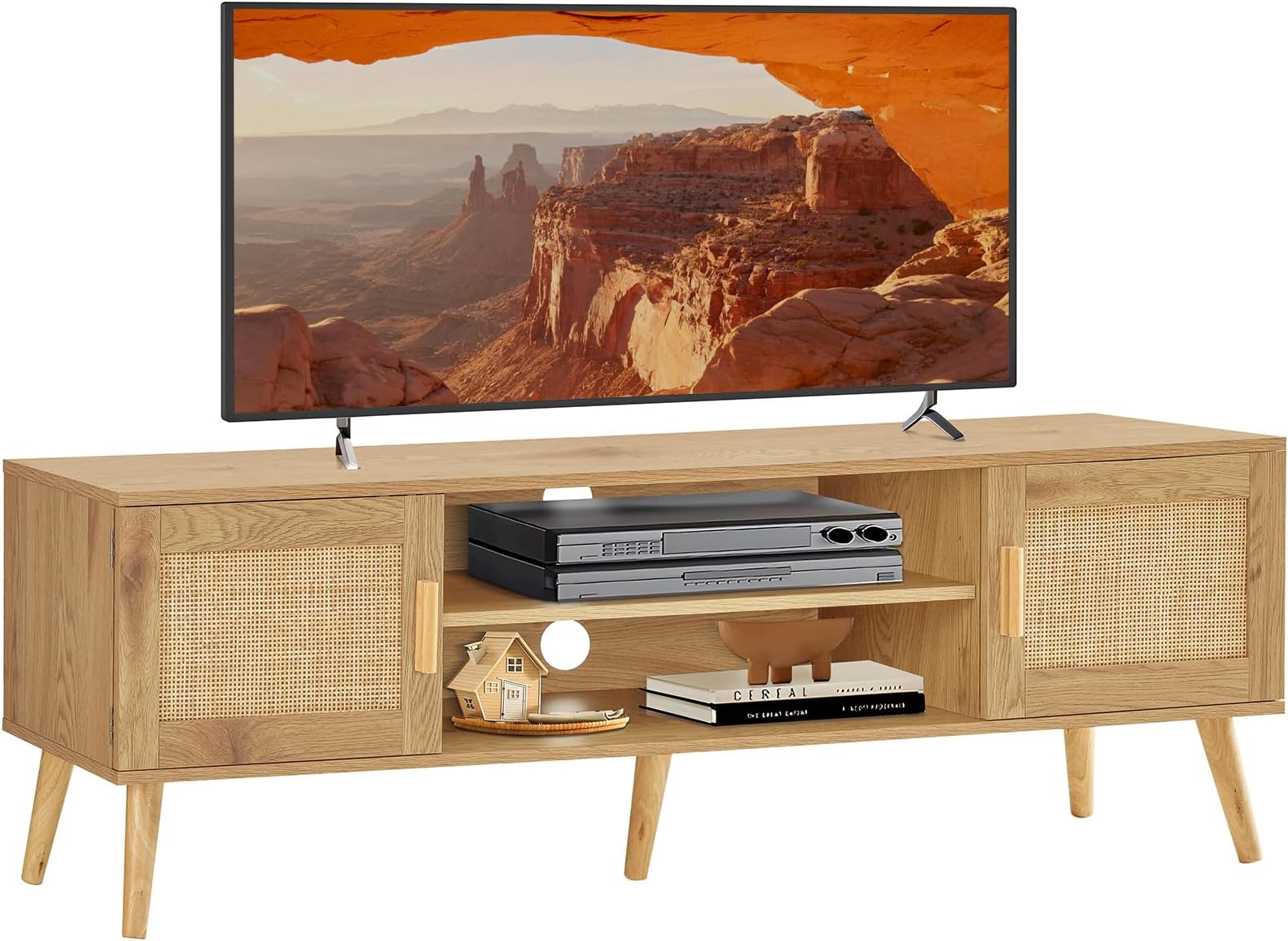 Iwell Rattan TV Stand for 55 Inch TV, Entertainment Center with 2 Cabinets & Adjustable Shelf, Rattan TV Console, Media Console for Living Room, Natural