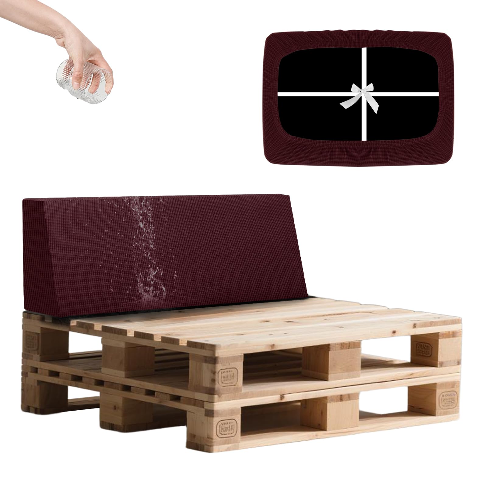 SYLC Waterproof Pallet Cushions Covers, Stretch Cover for Pallet Furniture Cushions with 4 Ties, Outdoor Corner Sofa Covers for Rattan Patio Garden Caravan (Wine-Red,Back 120×40×10/20cm)