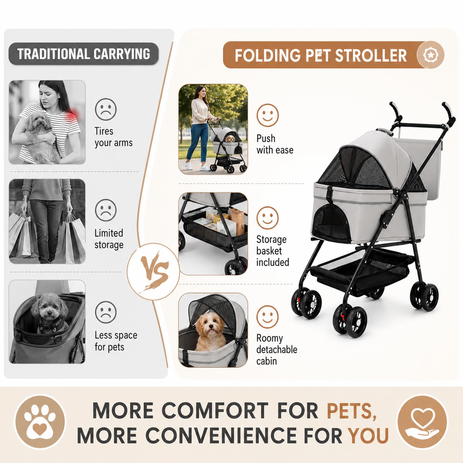 Passeggino pieghevole per animali domestici, fino a 20 kg, passeggino per cani con cestino per il trasporto rimovibile, passeggino pieghevole per gatti fino a 44 lbs(nero)